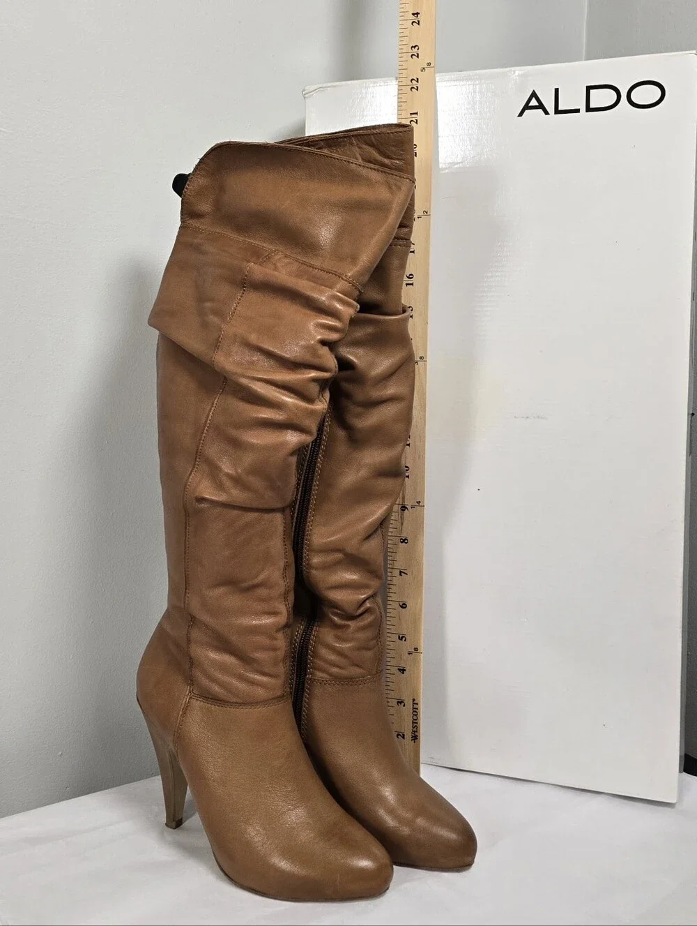 ALDO Women's Tan Leather Over-the-Knee Heeled Boots